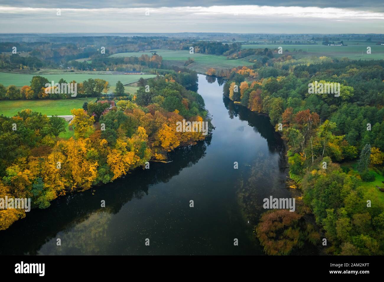 Rriver and autumn forest, view from above Stock Photo