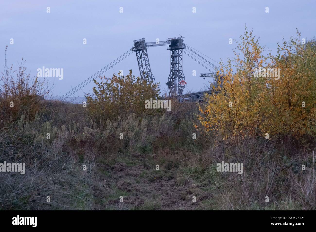 View of top of bucket wheel excavator in coal mine, Morschenich, Germany Stock Photo