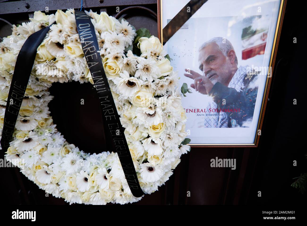 Bucharest, Romania - January 10, 2020: Picture showing iranian general Qassim Soleimani and flowers at the Iranian embassy in Bucharest. Stock Photo