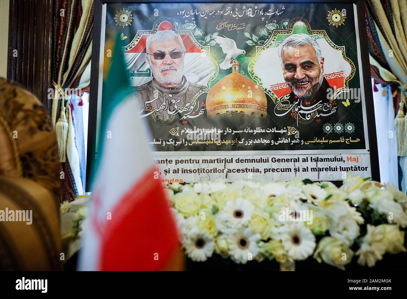 Bucharest, Romania - January 10, 2020: Picture showing iranian general Qassim Soleimani and iraqi Abu Mahdi al-Mohandes at the Iranian embassy in Buch Stock Photo