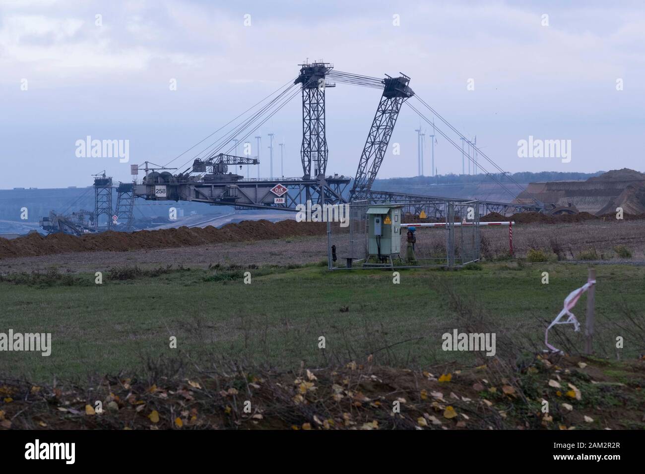 View of top of bucket wheel excavator in coal mine, Garzweiller, Germany Stock Photo