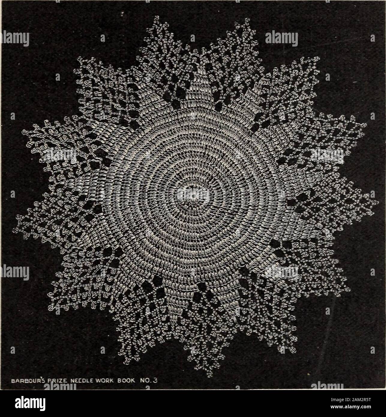 A treatise on lace-making, embroidery, and needle-work with Irish flax threads . r or narrower, as preferred,and is improved by the addition of a simple picot edge. This stitch I brought from Germany, and the idea of utilizing itin this way is my own. PICOT POINT DOILY. [Contributed by Mrs. A. H. Hall, Detroit, Mich.] Materials : Barbours flax crochet thread, No. 60, in balls, or 3-cord, 200-yards spools, and fine steel hook.Ch 5, join. 1. Ch 3, 19 tc in ring, join to top of 3 ch with 1 sc. 2. Ch 3, 1 tc in 1st st and 2 in each succeeding tc, making 40tc in all, join to top of 3 ch. 3&gt; 4j 5 Stock Photo