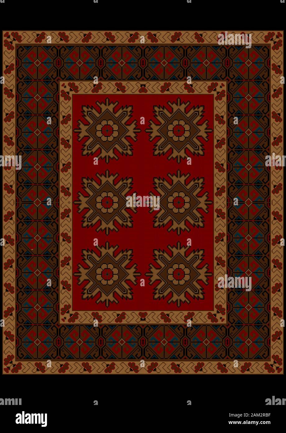 Luxury carpet with ethnic ornament on red mid and flowers on yellow ...