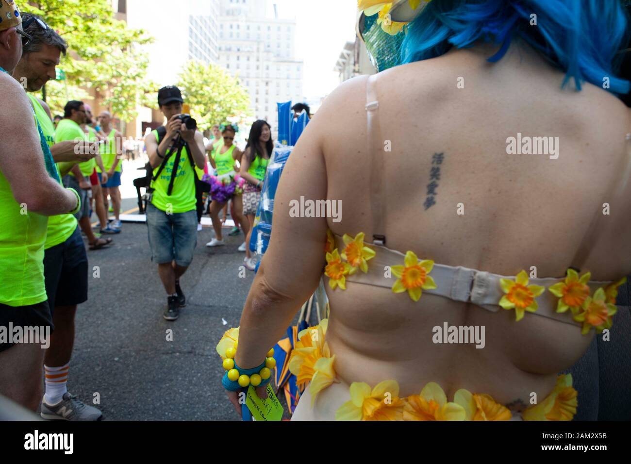Pride parade participant being photographed, Vancouver Pride Festival 2014, Vancouver, Canada Stock Photo