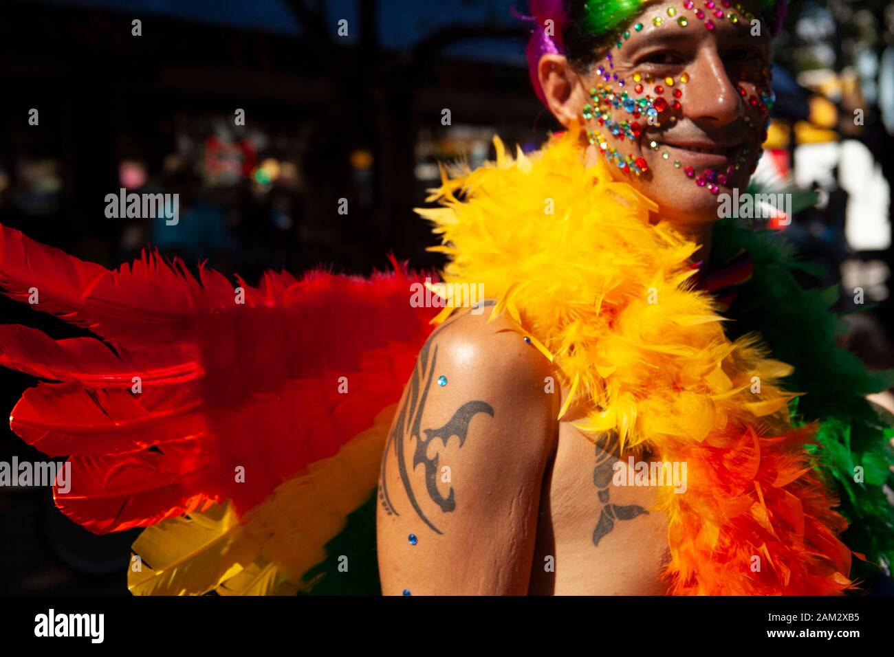 Pride parade participant with bejewelled face and bright feather boa, Vancouver Pride Festival 2014, Vancouver, Canada Stock Photo