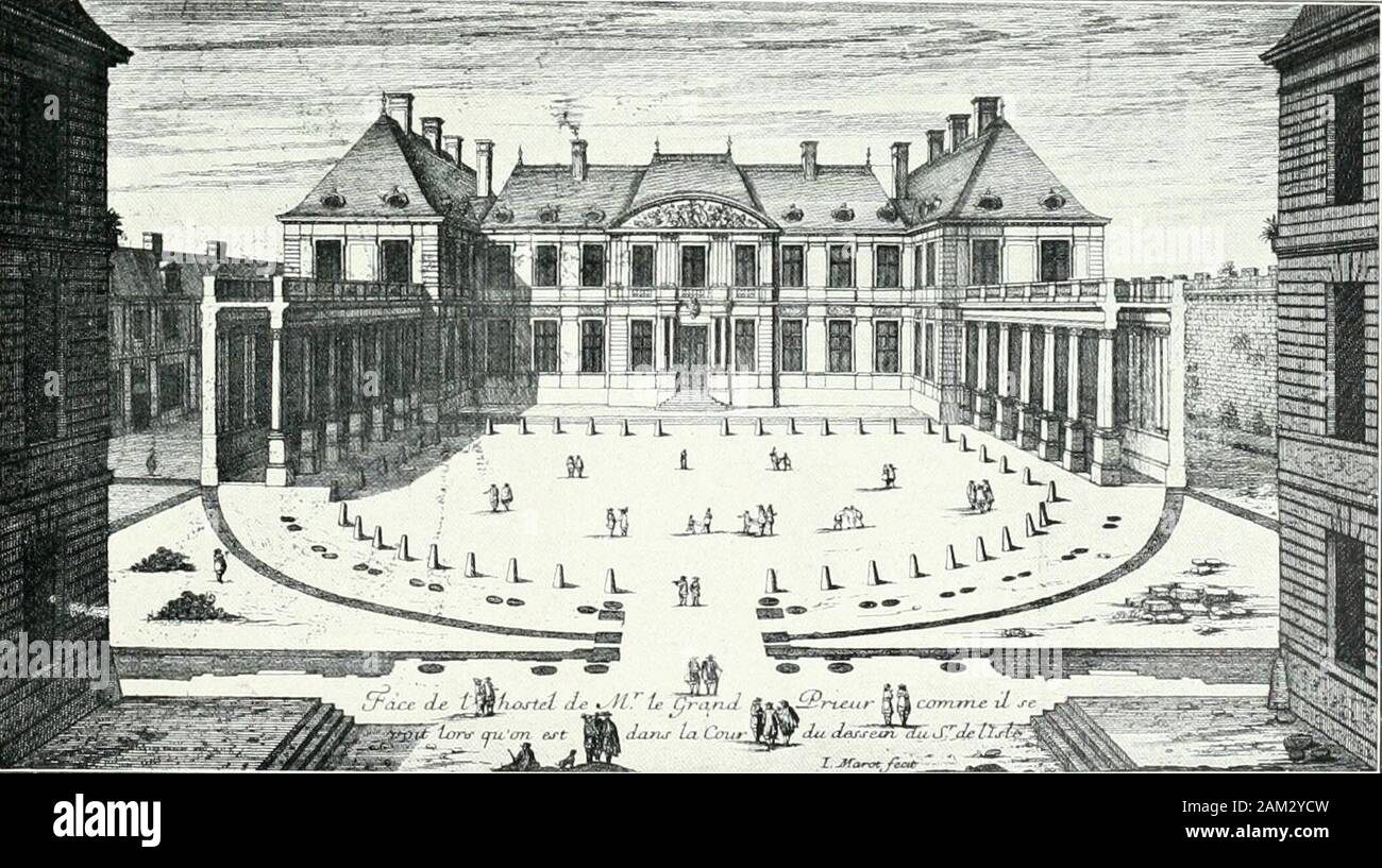 A history of French architecture from the death of Mazarin till the death of Louis XV, 1661-1774 . I aii- [L- Ifui^f.l ihtjr.fjui -JI Lcur Jf^Jr ujut- h.ifif jAinj UVenioie. paruPl^le CoTTtmandeur dp Sojitire ,i lv&gt;- qranjf/i ,,-ut . Ju ,L-j Liu S. tltf / U^LC I Mjt;-tjia. I/?,•/&lt;•//&lt;• IROiNT lO SIRKET. U,ci:^ SECTION THROUGJl COURT AND ELEVATIONTHK HOUSE OF THE GRAND PRIOR. DE LiSLE (see p. I2l) [I. TO FACE P. 122 Pl. XXXVII Stock Photo