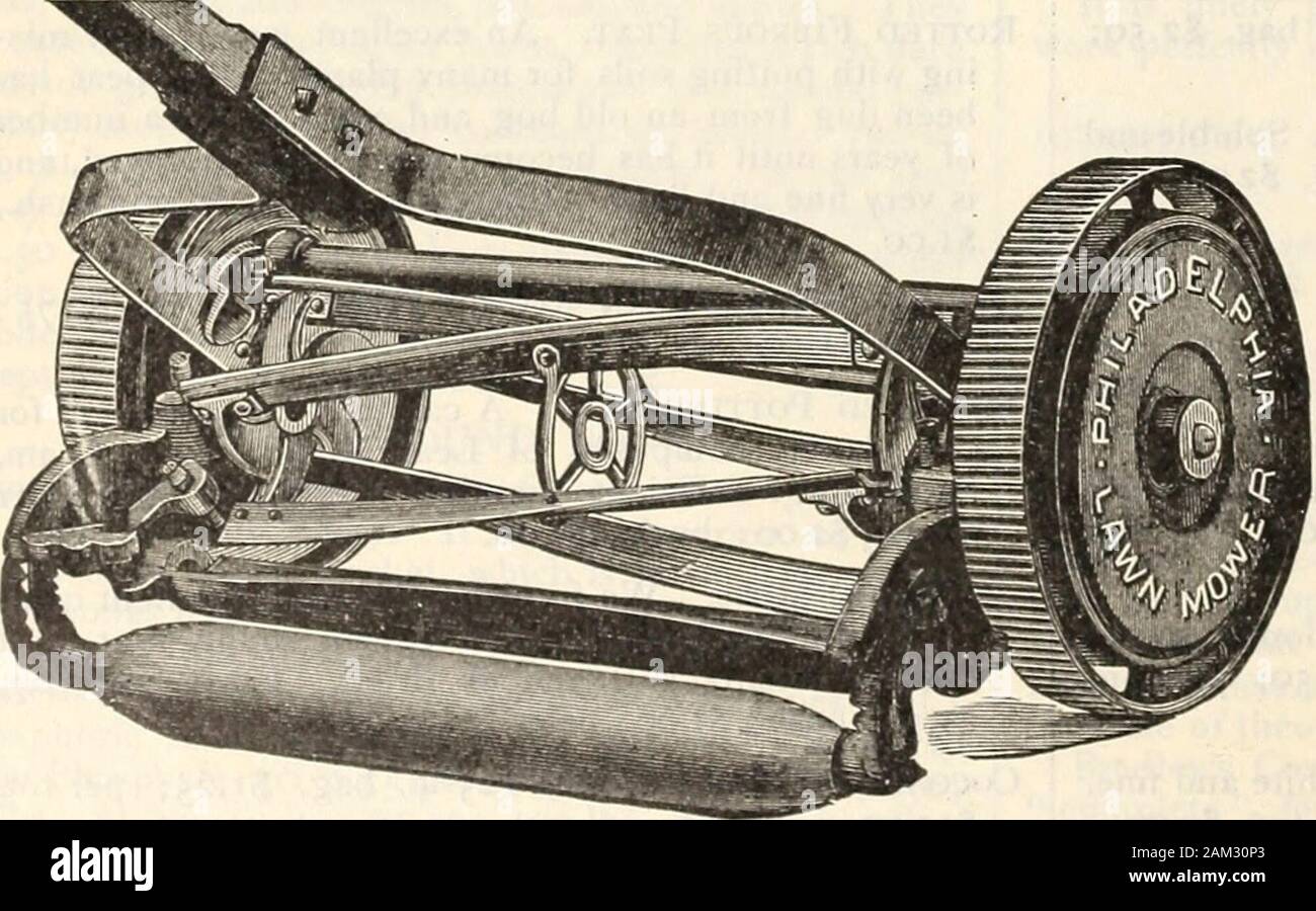Farquhar's catalogue : spring 1904 . E High Wheel.. STYLE C. 4 Blades, 8)£-inch Wheel, 5^-inchCylinder, Single Pinion, Gearedon both sides. This is a medium High Wheel Mowerwhich is very popular, for the reason thatit has 8J^-inch driving wheels and is sogeared that with the additional height inwheels it does good work and runs somelighter. It is the same style as somemakers put on the market for a highwheel mower. Style C. 14 in. 16 in. 18 in. 20 in. $6.25. $7.00. $7-75- #8.50. R. & J. FARQUHAR & CO.S SEED CATALOGUE. 131 dm^ Stock Photo