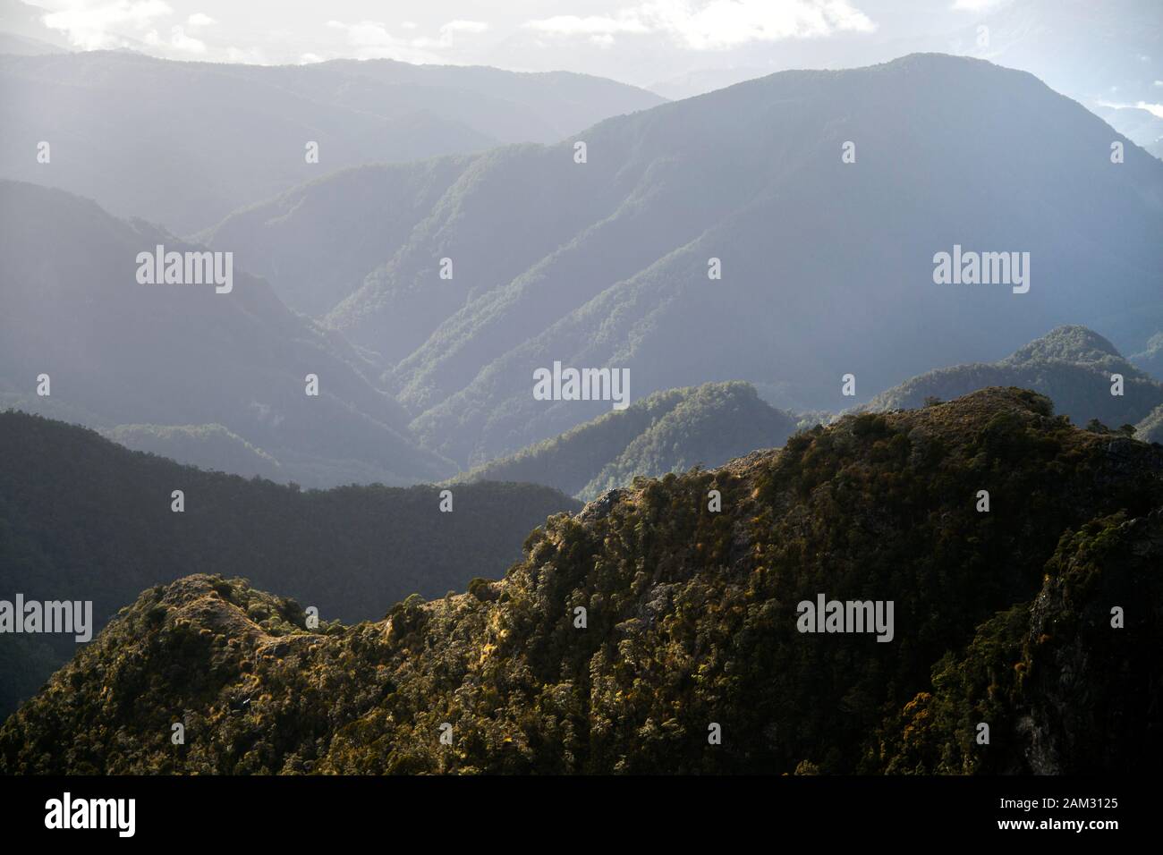 Walking the Old Ghost Road trail, Lyell to Seddonville, New Zealand. Views looking east from Ghost Lake hut Stock Photo