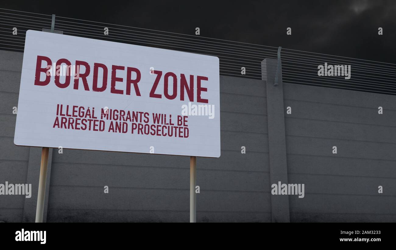 Massive Fence and Border Zone Sign under Clouds Warning Illegal Immigrants Stock Photo