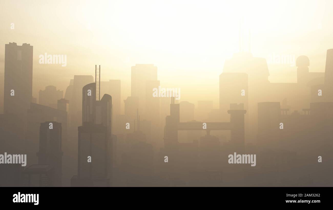 Post Apocalyptic Heavily Air Polluted Smoggy Metropolis 3D Illustration Stock Photo
