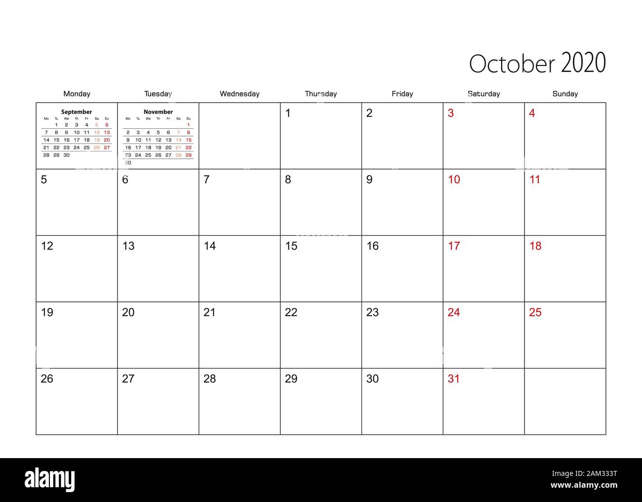 October 2020 simple calendar planner, week starts from Monday. Vector ...