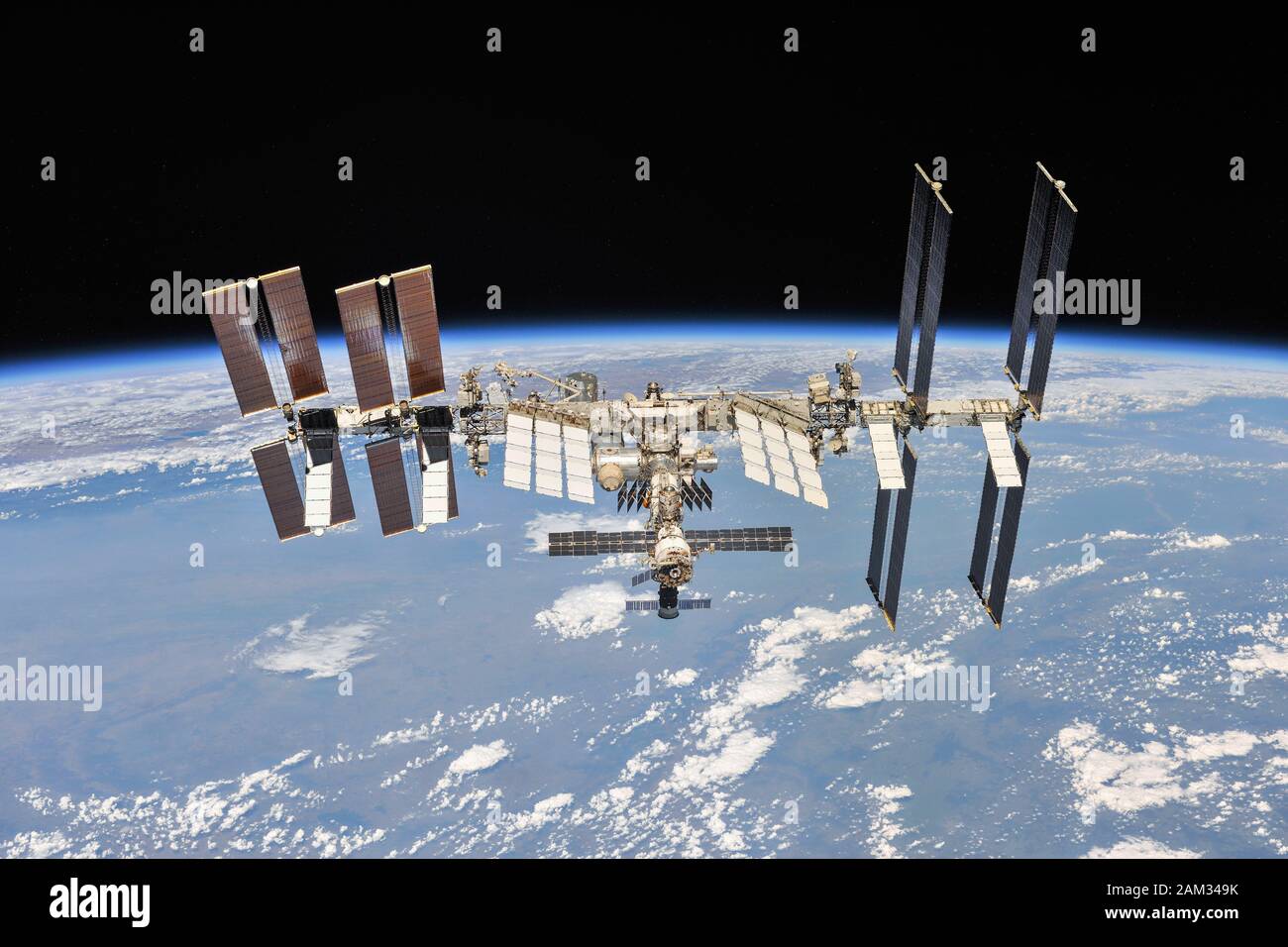 The International Space Station photographed by Expedition 56 crew members from a Soyuz spacecraft after undocking on 4 Oct 2018 Stock Photo