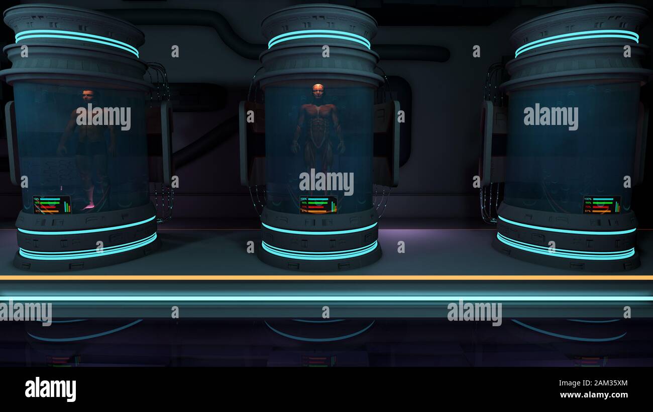 Human Bodies in Hubernation Cloning Capsules Utopistic Future 3D