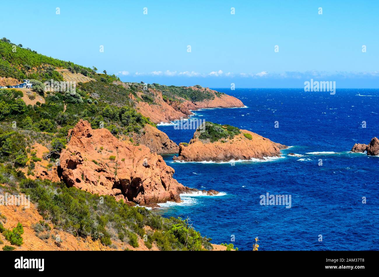 Beautiful famous view on cote d'azur, blue sky, sea. nearby Saint-Raphael, Frejus, between Cannes and Saint-Tropez. France, provence, film Taxi 5 Stock Photo