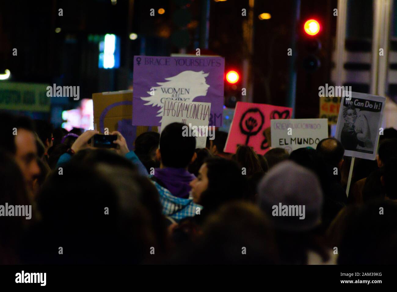MADRID, SPAIN - MARCH 8, 2019: Massive feminist protest on 8M in favour of women's rights and equality in society. Protest posters could be seen durin Stock Photo