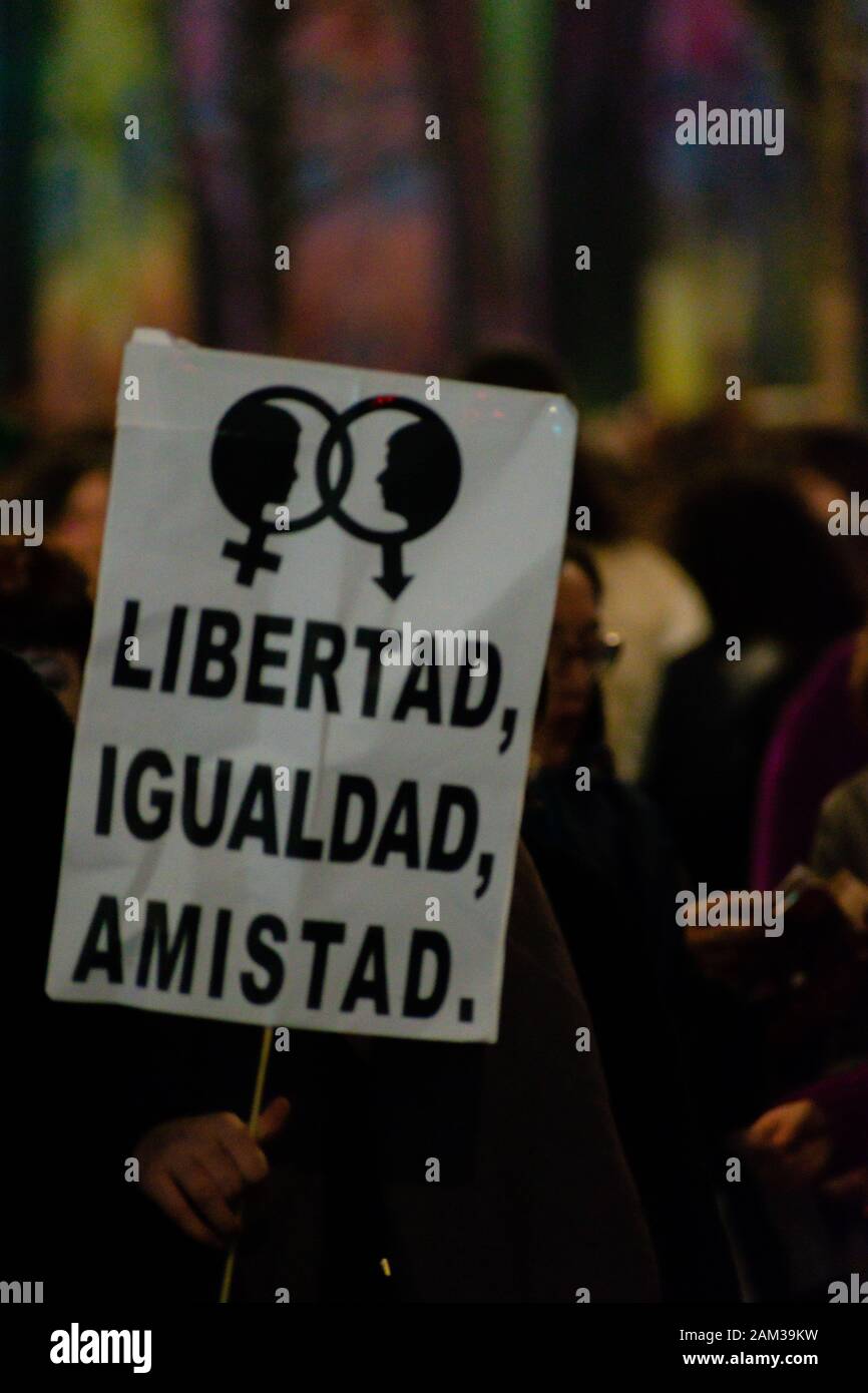 MADRID, SPAIN - MARCH 8, 2019: Massive feminist protest on 8M in favour of women's rights and equality in society. Protest posters could be seen durin Stock Photo