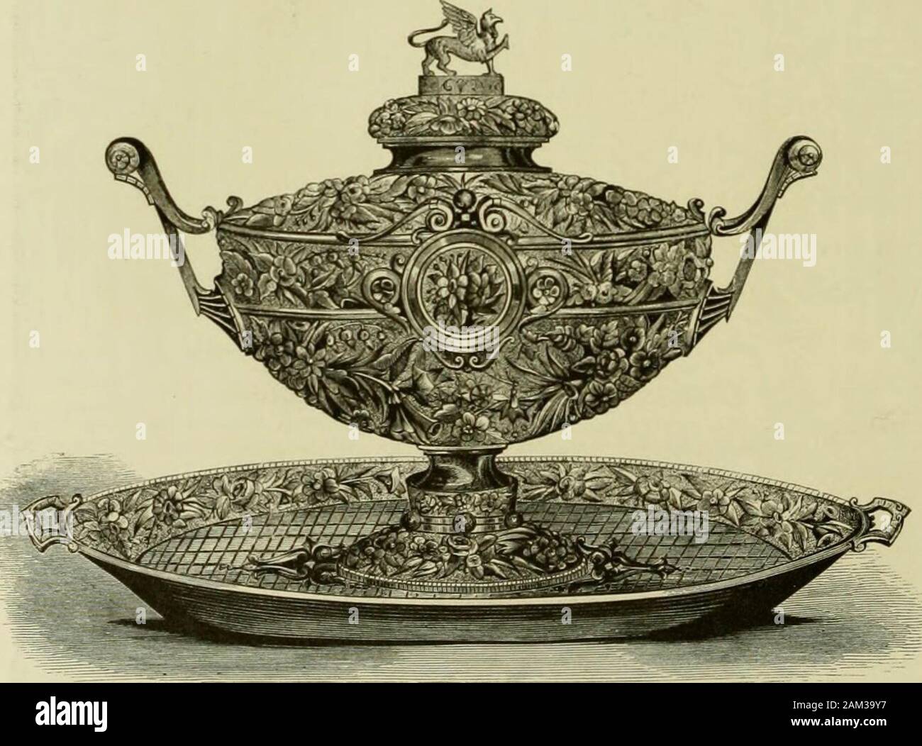 The masterpieces of the Centennial international exhibition of 1876 .. . Entree Dish, Kepoussi Hilver: y. 1£. Caldwell &= Co.. Tureen and Salver, Repousse Silver: J. E. Caldwell &= Co. the work of Messrs. Allen & Brother, of Fhilaijelphl^. The leaves of thisdoor are composed of highly-polished walnut, with ornamented panels of alter-nate strips of precious woods of different colors, giving a pleasing relief and INDUSTRIAL ART. 41 effect of light and shade. Scroll patterns and some curved lines are introducedinto the lock-rail and break the severity of the outlines. On each of the mainpanels a Stock Photo