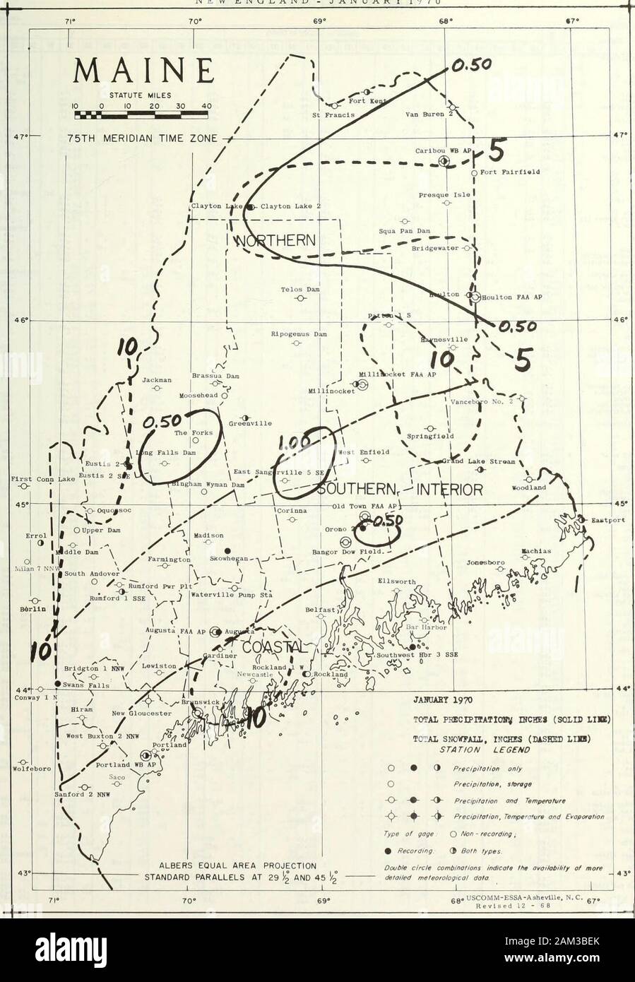 Climatological data, New England . NEW ENGLAND - JANUARY 1970. - 7 - DAILY PRECIPITATION !! station £ Day of Month .2 1 2 3 4 I 5 1 6 7 1 e I 9 10 1 n 1 12 13 14 15 16 17 I 18 19 1 20 21 22 1 23 24 25 26 27 28 29 I 30 31 CONNECTICUT • • • MO&gt;THIIEST 01 BAKERSVILLE .74 .32 .11 .10 .03 .08 .02 .03 .02 .03 BARKHAMSTED .68 .29 ? 11 .09 .01 .04 .01 .06 .06 .01 BULLS BRIDGE DAM .69 .22 .09 .01 .06 .03 .01 .09 .01 .04 .07 .06 CREAH HILL .SI .08 T .01 T .17 .01 T .05 .05 T .02 T .03 .09 FALLS VILLAGE .79 .22 .09 .03 T .01 .07 .02 .09 .05 .03 .04 .09 .05 NORFOLK 2 SU 1.06 .32 .11 .03 T .01 T T .04 . Stock Photo
