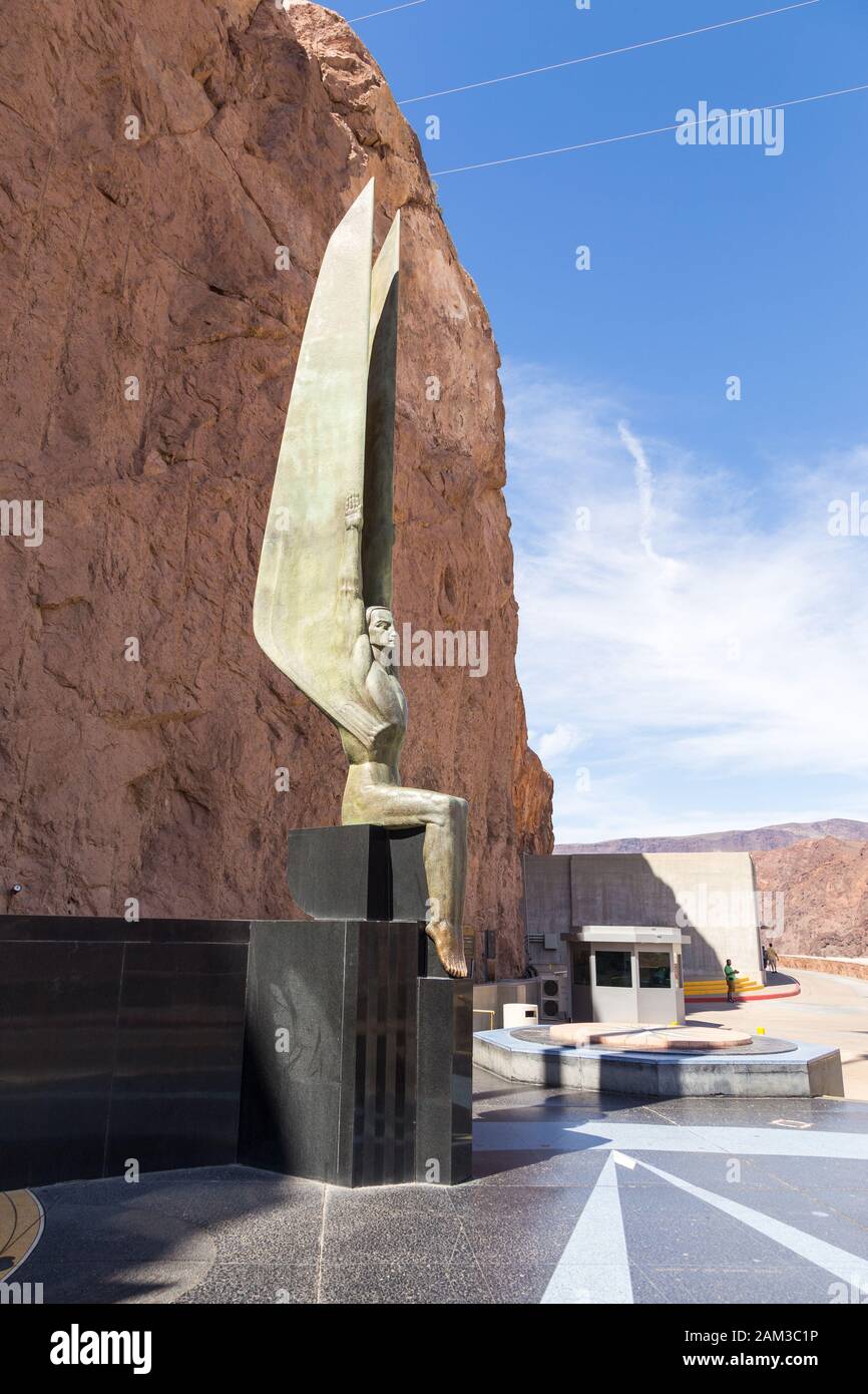 Boulder City, Nevada, USA- 01 June 2015: Winged Figures of the Republic at Hoover Dam. Concrete gravitational arc dam, built in the Black Canyon on th Stock Photo