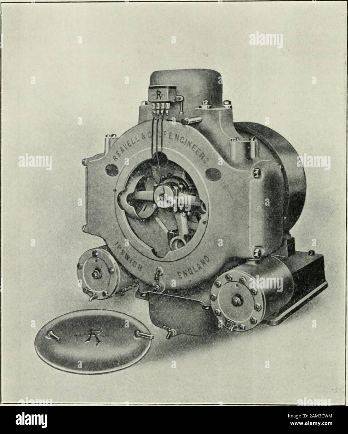 Diesel engines for land and marine work . type, in which all the pistons are driven from eccentrics onthe end of the crank shaft. Owing to the high pressure,single stage compressors are seldom used, the common typebeing either two stage or three stage compressors. In the Diesel engine of some of the German types aseparate compressor is often provided for each cylinder.The air is drawn from the atmosphere into the low pressurecylinder, and after being compressed by the piston, it passesinto a receiver, and thence to the high pressure cylinder.Here it is further compressed and is delivered throu Stock Photo