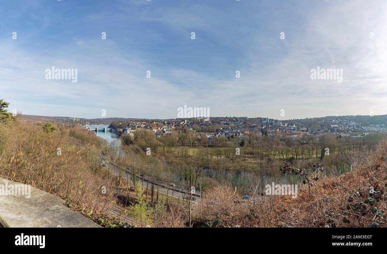 Essen - Panorama from Baldeney-Steig to Essen-Werden with View to Barrage and Lake Baldeney , North Rhine Westphalia, Germany, Essen, 23.02.2019 Stock Photo