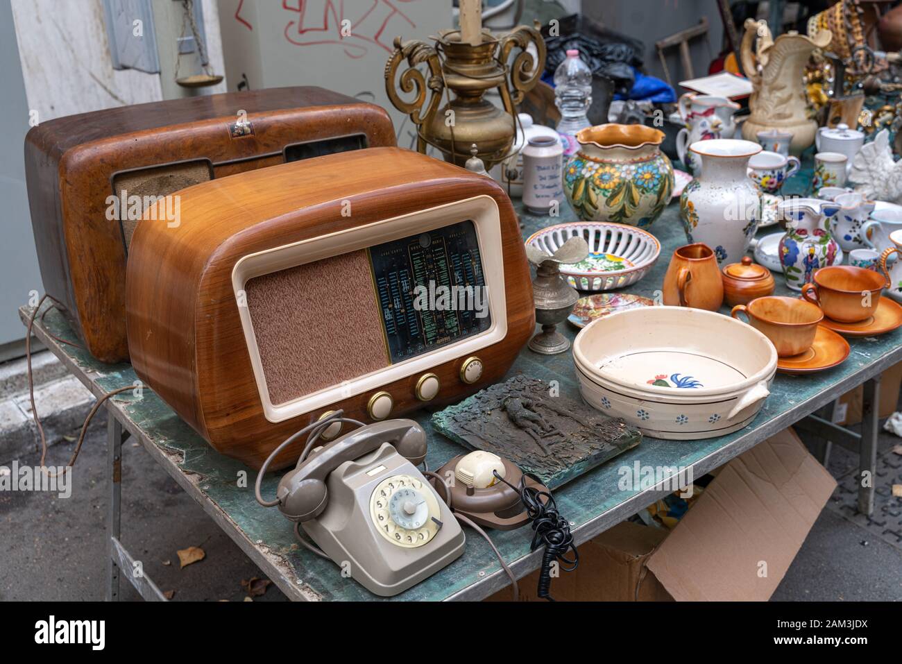second hand items at the flea market Stock Photo