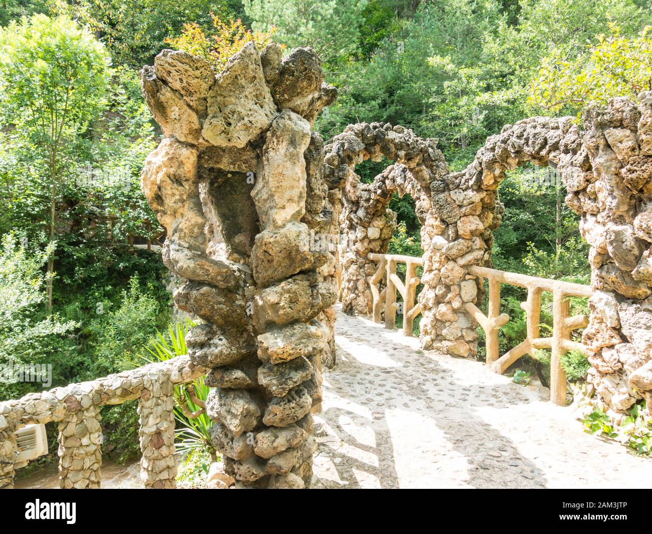 Jardin Artigas, garden designed by Antoni Gaudi, in the village of Pobla de Lillet, Catalonia, Spain, in the district of Bergadá, in the province of B Stock Photo
