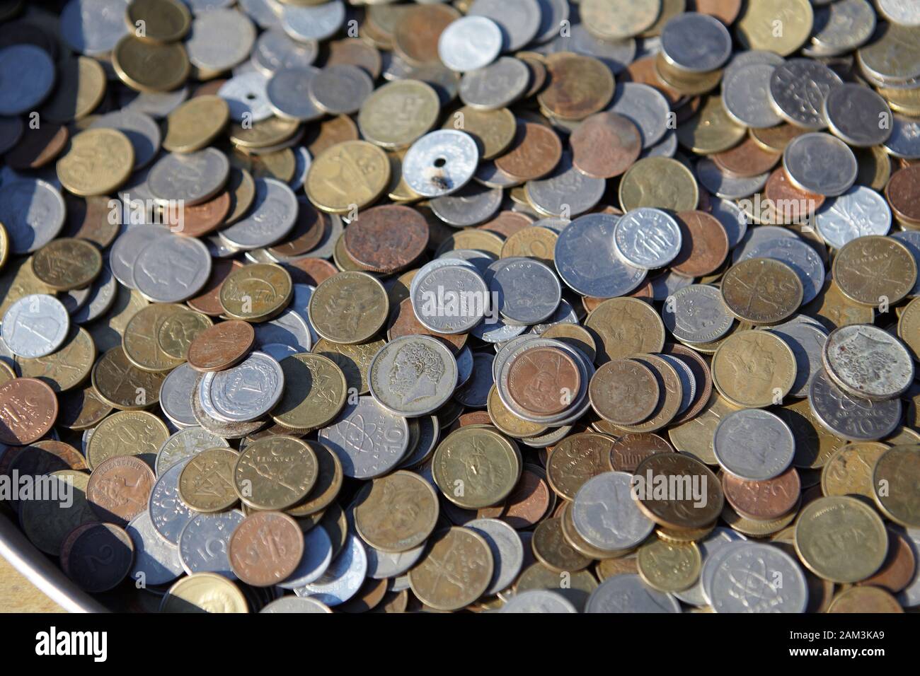 greek drachma coin for sale at antique market , monastiraki athens Stock Photo