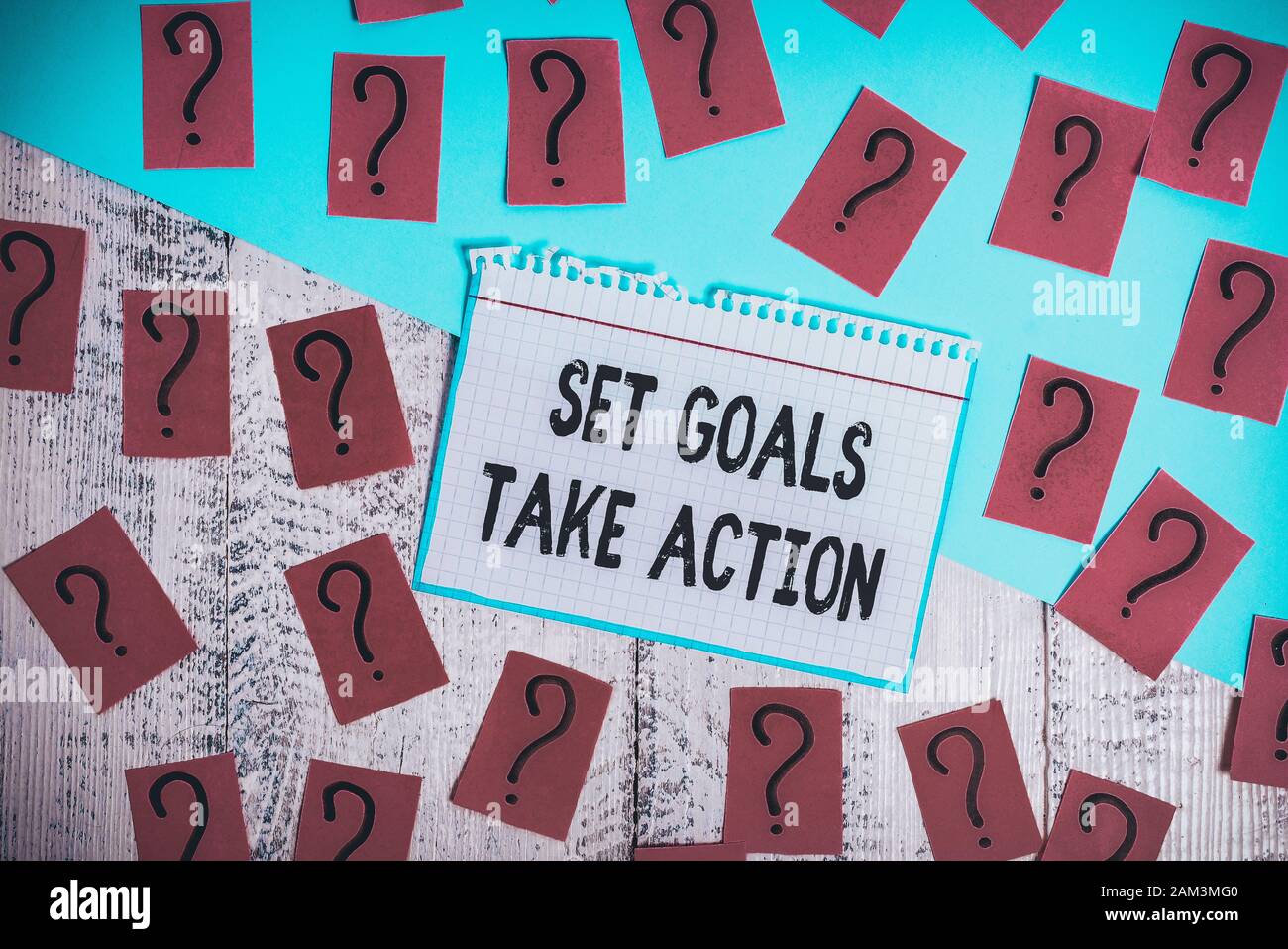 Writing note showing Set Goals Take Action. Business concept for Act on a specific and clearly laid out plans Scribbled and crumbling papers with thic Stock Photo
