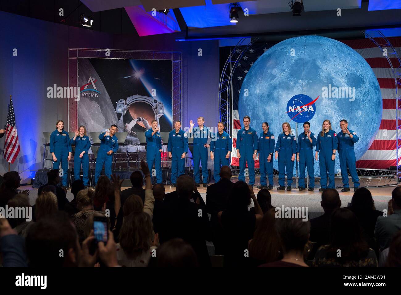HOUSTON, TEXAS - 10 Jan 2020 - The 2017 Class of Astronauts participate in graduation ceremonies at the Johnson Space Center in Houston, Texas. In the Stock Photo