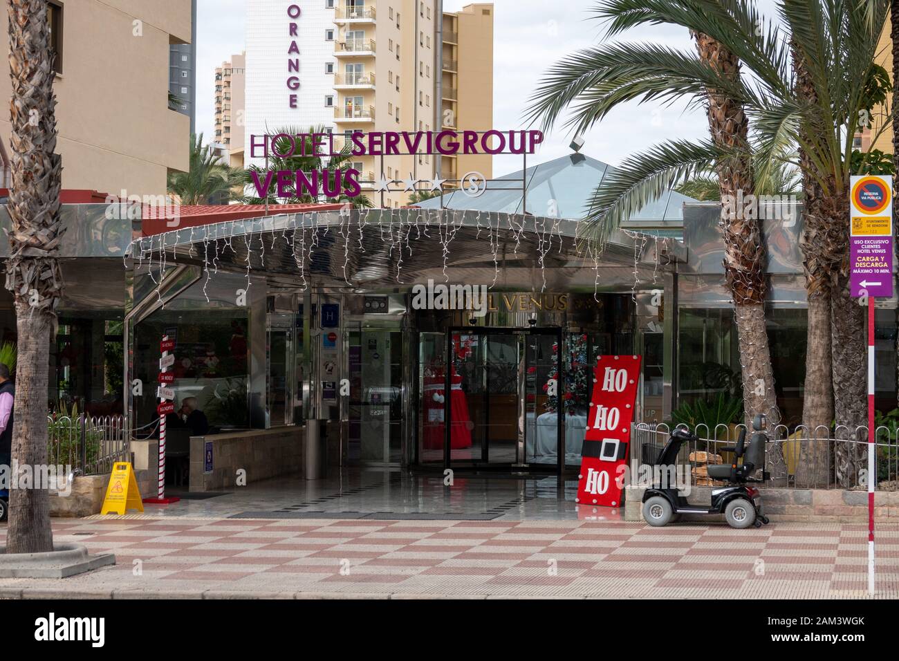 Benidorm New Town, Alicante Province, Spain, Hotel Servigroup Venus. Dressed up for Christmas, outside view. Hotel Orange in background. Stock Photo