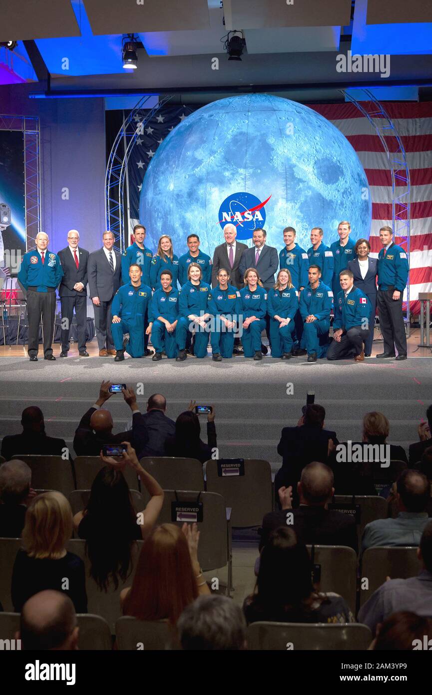 HOUSTON, TEXAS - 10 Jan 2020 -  The 2017 Class of Astronauts poses for a portrait with NASA officals and Texas Senators at the Johnson Space Center in Stock Photo