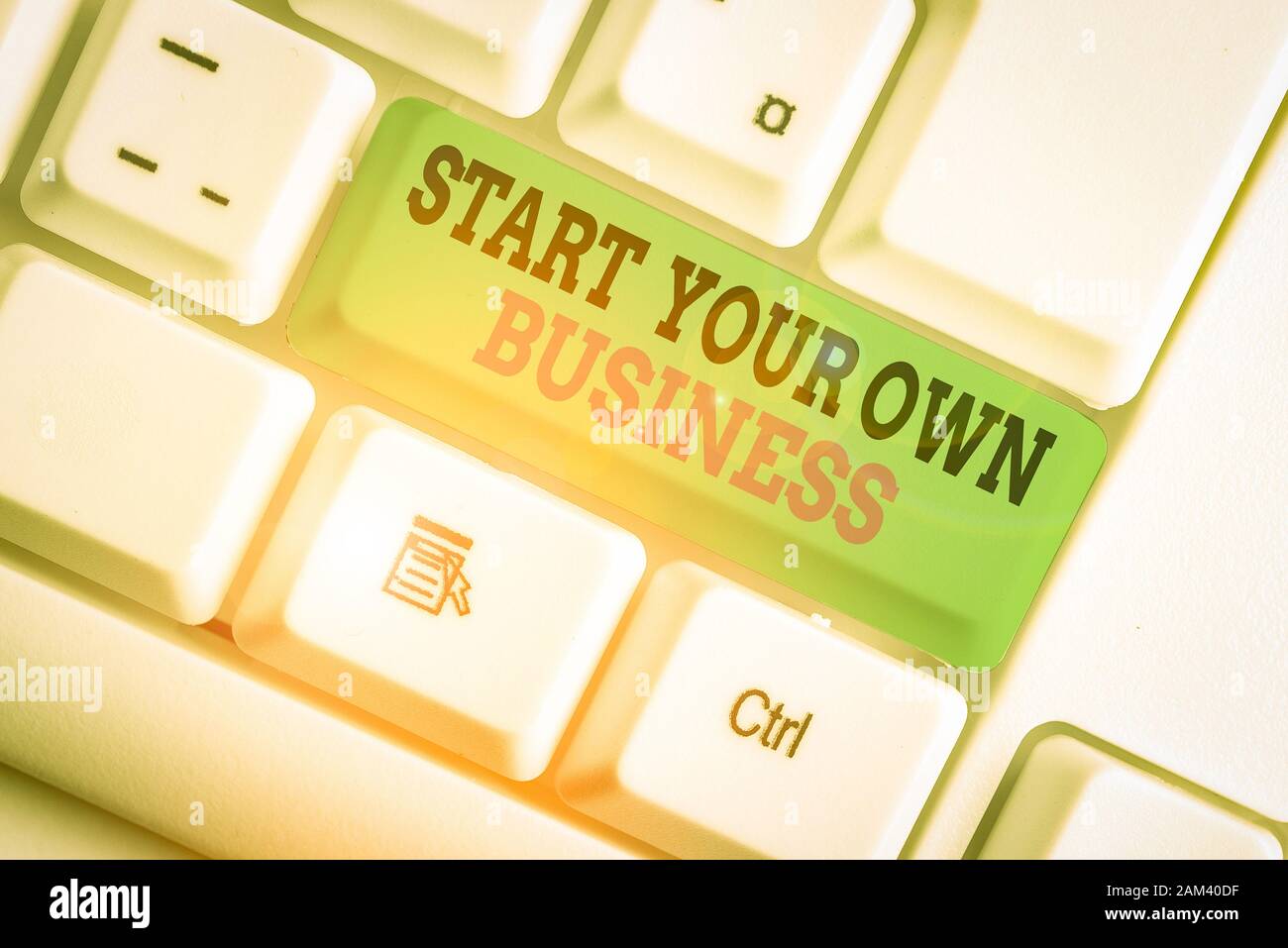 Handwriting text writing Start Your Own Business. Conceptual photo Entrepreneurial Venture a Startup Enter into Trade White pc keyboard with empty not Stock Photo
