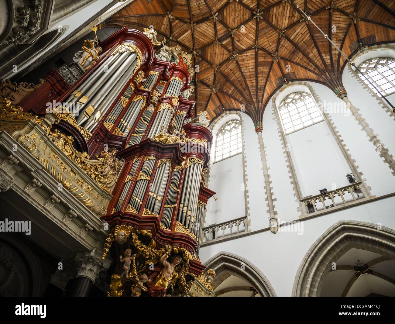 Cathedral of St.Bavo interior. Low angle view of the organ of the Grote Kerk (Great Church) in Haarlem, Netherlands. Stock Photo