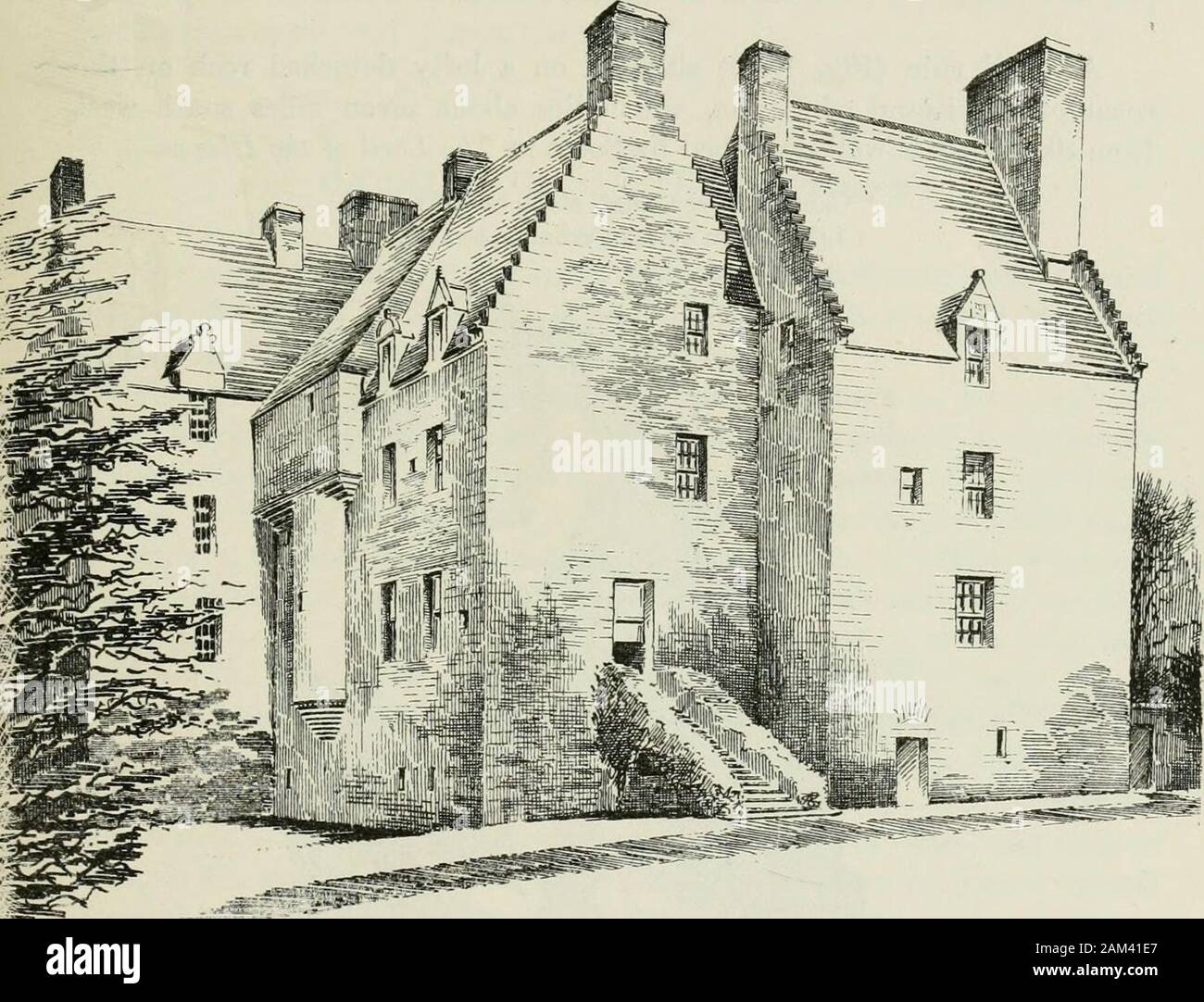 The castellated and domestic architecture of Scotland, from the twelfth to the eighteenth century . Flo. ]3-4S.—nriiiit.sfk-Id H&lt;nisc. View rroiii Noiih-Wcst, ari&lt;l Dormers Enlarged. BRUNTSFIELD HOUSE 241 — FOURTH PERIOD which a view could be obtained towards Edinburgh Castle. This wouldexplain the meaning of the upper projection, and the space for standingroom would be obtained inside by making the roof behind of the same slopeas that of the roof adjoining to the west. The View from the North-West(Fig. 1349) shows the house as it has existed for about three centuries,with the exception Stock Photo