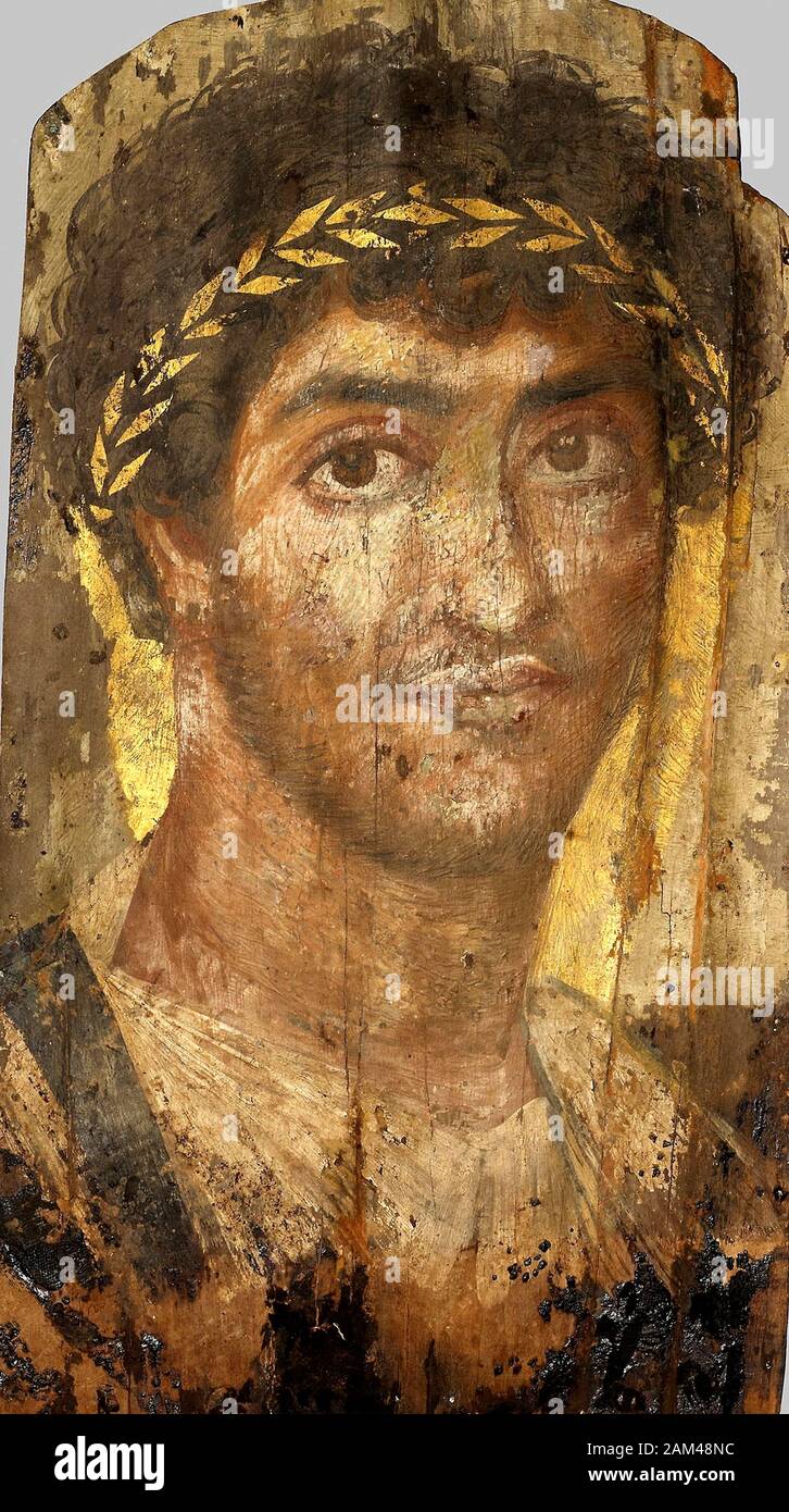 Fayum Portraits. Ancient Greek funeral paintings from 3rd century BC to 3rd century A.D. Egypt. Naturalistic mummy paintings. Stock Photo