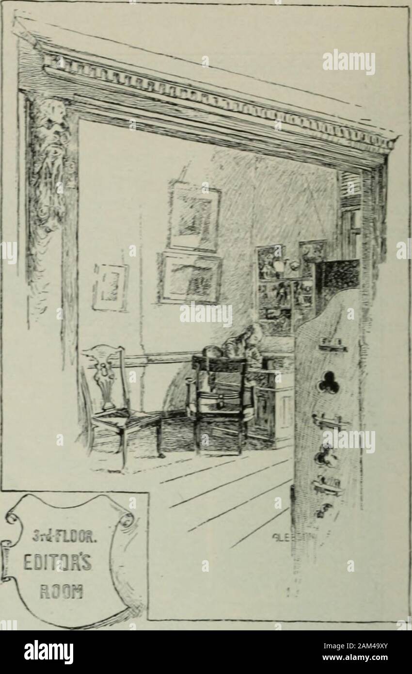 Scribner's magazine . ing at the back those necessary for themanager of this department and his imme-diate assistants) ; and with its Indian reddecoration and the plentiful sunlight whichpours in from the high windows at back andfront it is a spacious, aiiy, and j^leasant place.From the back a broad flight of stairs ofwhite marble, dividing half-way up to the leftand right, leads to the second floor, where areall the offices of the firm, of the Financial andManufacturing Departments, the WholesaleDepartment, the Educational Department,the Book Buyer, and manj more. Tlie thirdfloor is occupied Stock Photo