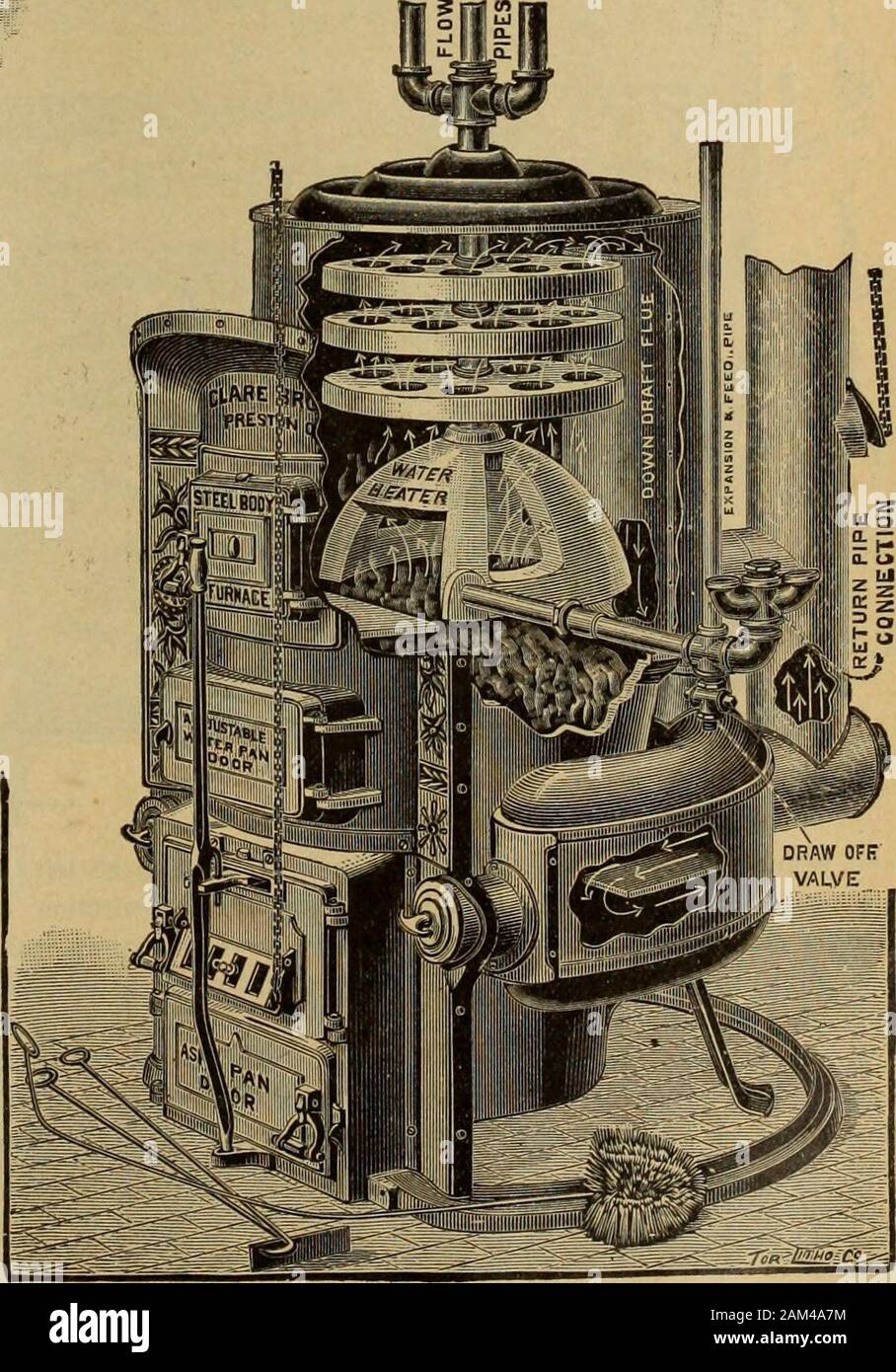 Hardware merchandising January-June 1897 . MAY WE SHIP YOU A SAMPLE? *nr*l Combination  Heating (WARM AIR AND HOT WATER) The accompanying cut shows our Marvel  warmair furnace with water heater fitted in