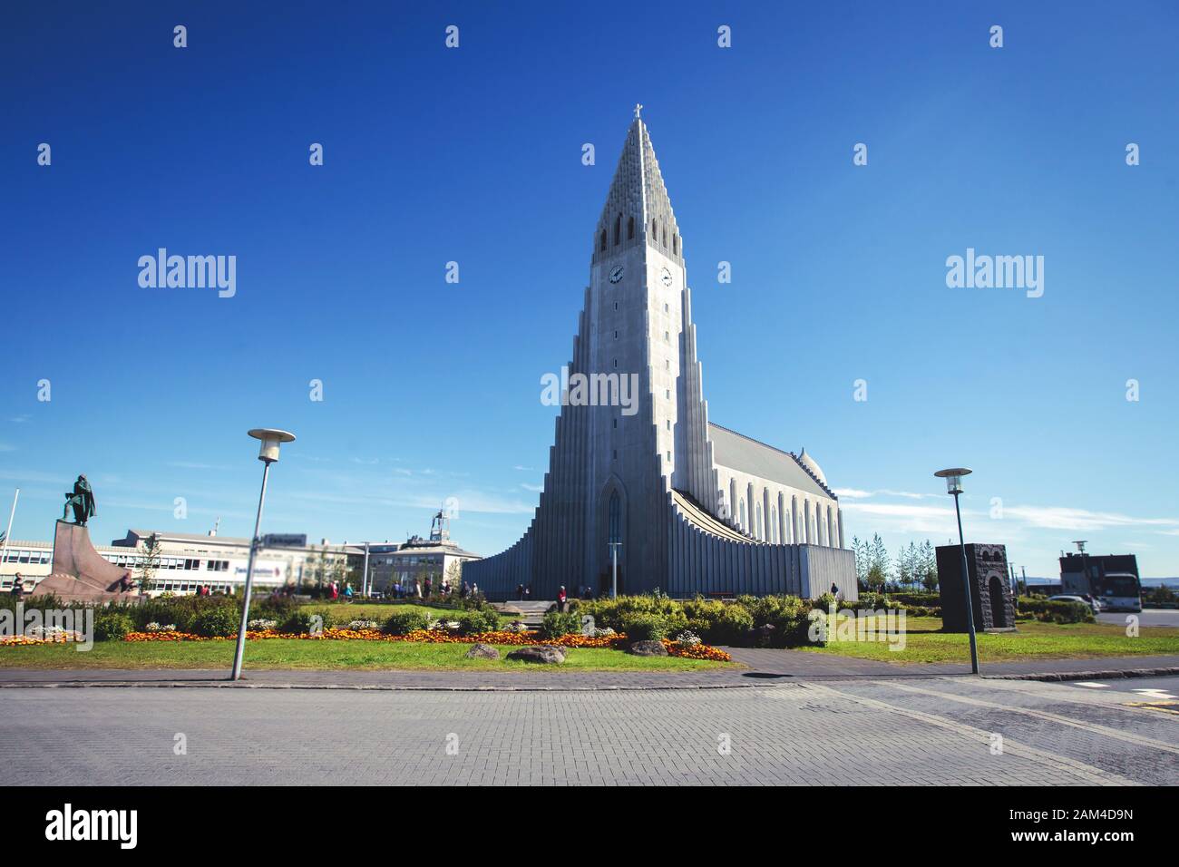 Hallgrimskirkja Cathedral in Reykjavik, Iceland, lutheran parish church, exterior in a sunny summer day with a blue sky Stock Photo