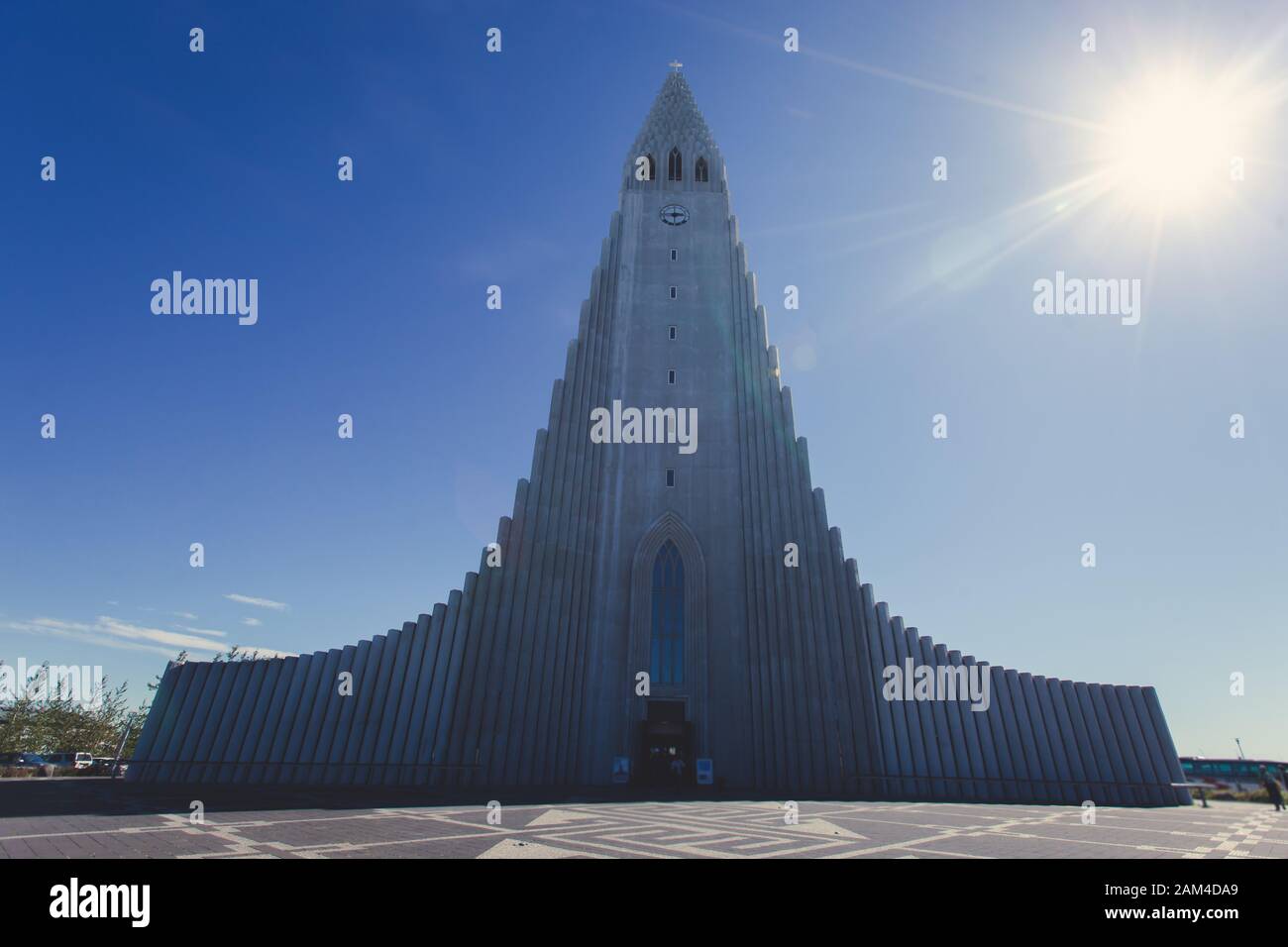 Hallgrimskirkja Cathedral in Reykjavik, Iceland, lutheran parish church, exterior in a sunny summer day with a blue sky Stock Photo