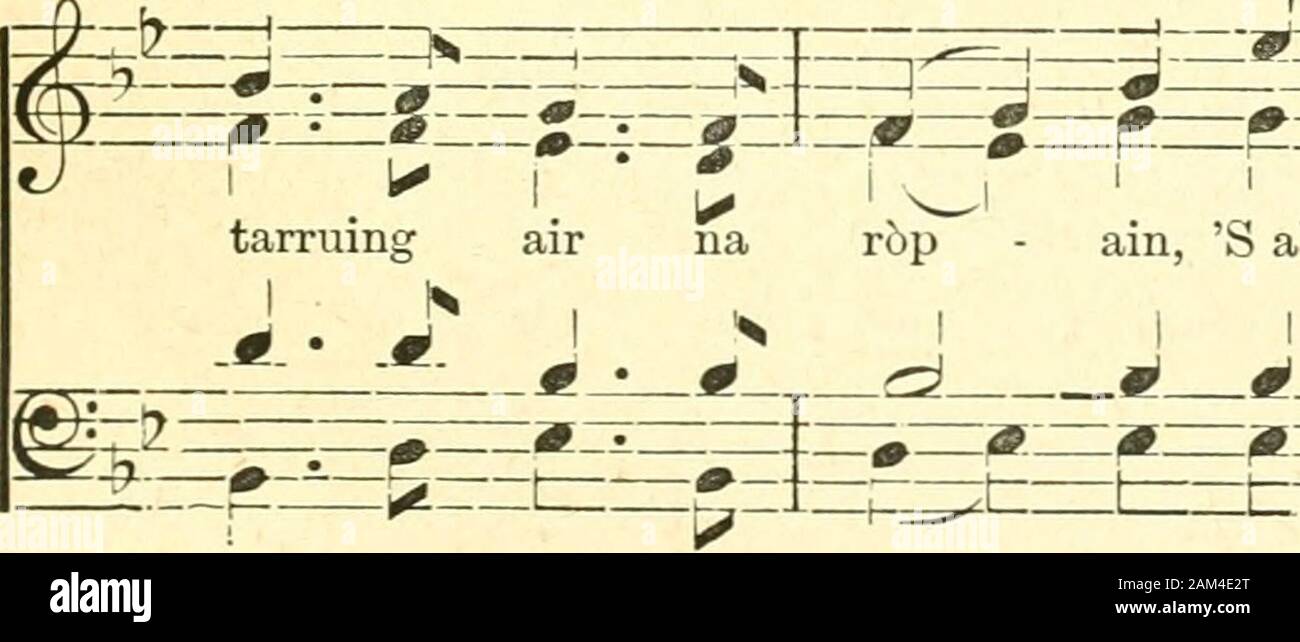 A' choisir-chiuil : the StColumba collection of Gaelic songs, arranged for part-singing . 1  |v, 1 1 1—,—^--—^ 1 1—, 1 K =W=m±=^ Wm f-i. P—pzzzp^bzpzvzzf^zg=iwzl I L#- p I - I I I* I i I ^ J* i ,* S mise tha s-t&gt;— I I brbn - ach Nach dfhaod ^— C2 ^. fuireach J I comhla riut, S mi =fe=g2 i. ^—r - a t=m I u* chorcach air mo E^=z^r- lein m 2 Air a mheadhon oidhche, Ged b ann am ban* a chroinn e,Bhi cuimhneachadh do chaoimnneis,Gu n d thug e roinn de m cheill uam.A Mhairi mhin, etc. 3 N uair rachadh i do n bhuaile, A bhleodhann a chruidh ghuaillinn,S e n ceol is binne chualas,A duanagan gan Stock Photo