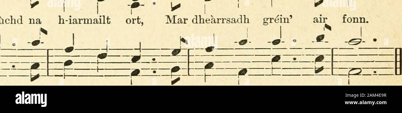 A' choisir-chiuil : the StColumba collection of Gaelic songs, arranged for part-singing . rallentando. :^^:. 2 S ann thig an siod am fasan airDo chuailean maiseach donn, Siiil chorrach as glan sealladh learn,Mar dhearcagan nan torn ;Do ghruaidhean mar na rosanNuair a bhios iad 6g us fann,S do shlios mar fhaoileann mara,No mar chanach geal nam beann. 3 Mo chailin chruinn, dheas, fhuranach,Tha urram ort nach gann, S tu thogadh smal us mi-ghean dhiom,An uair bhiodh m inntinn trom ; S tu dheanadh trie dhomh urachadh,S bu shunndach thogadh fonnLe guth mar cheol na f idhleNo mar smeorach bhinn nam Stock Photo