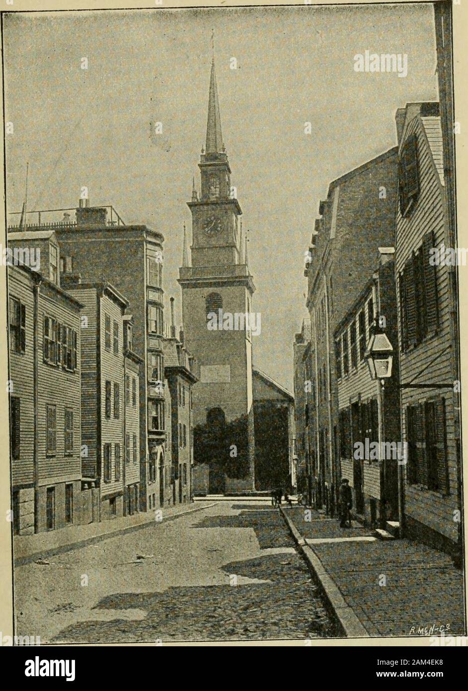 Rand, McNally & co.'s handy guide to Boston and environs .. . American Protestant Episcopal church was terminated. Christ Church, Salem Street (North End), was built by the secondEpiscopal Society in Boston, and is the oldest church edifice nowstanding in the city. It was dedicated December 29, 1723, and itsfirst rector was Rev. Timothy Cutter, D. D., who served until hisdeath, August 7, 1765. This old church is a very interesting land-mark, as it retains, generally, its original appearance. This is thechurch from whose steeple it is supposed the lanterns of PaulRevere were hung out to warn th Stock Photo