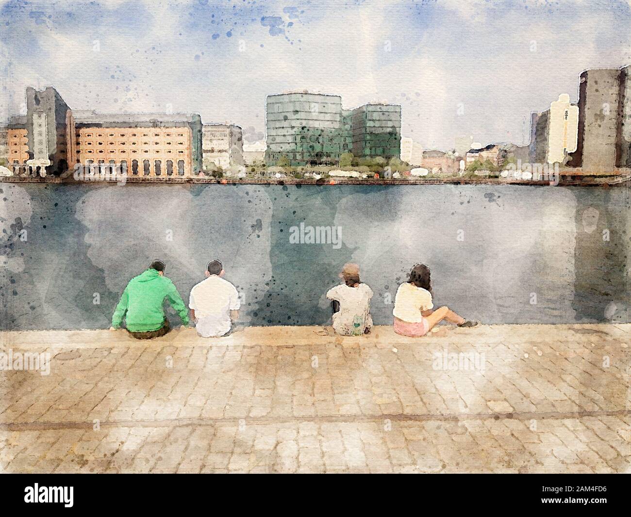 Watercolor Painting Of Young People Sitting By The Waterside