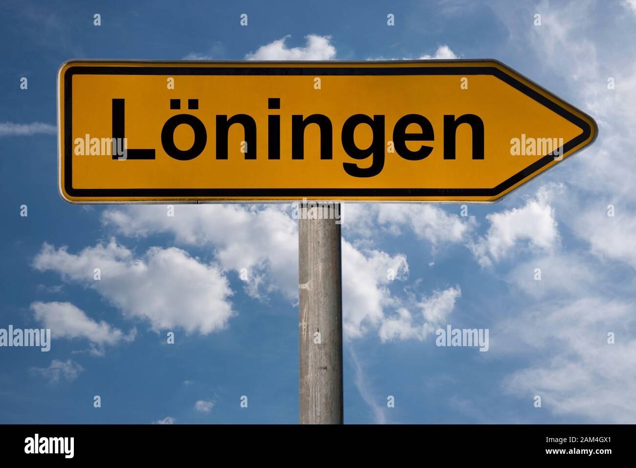 Detail photo of a signpost with the inscription Löningen, Lower Saxony, Germany, Europe Stock Photo