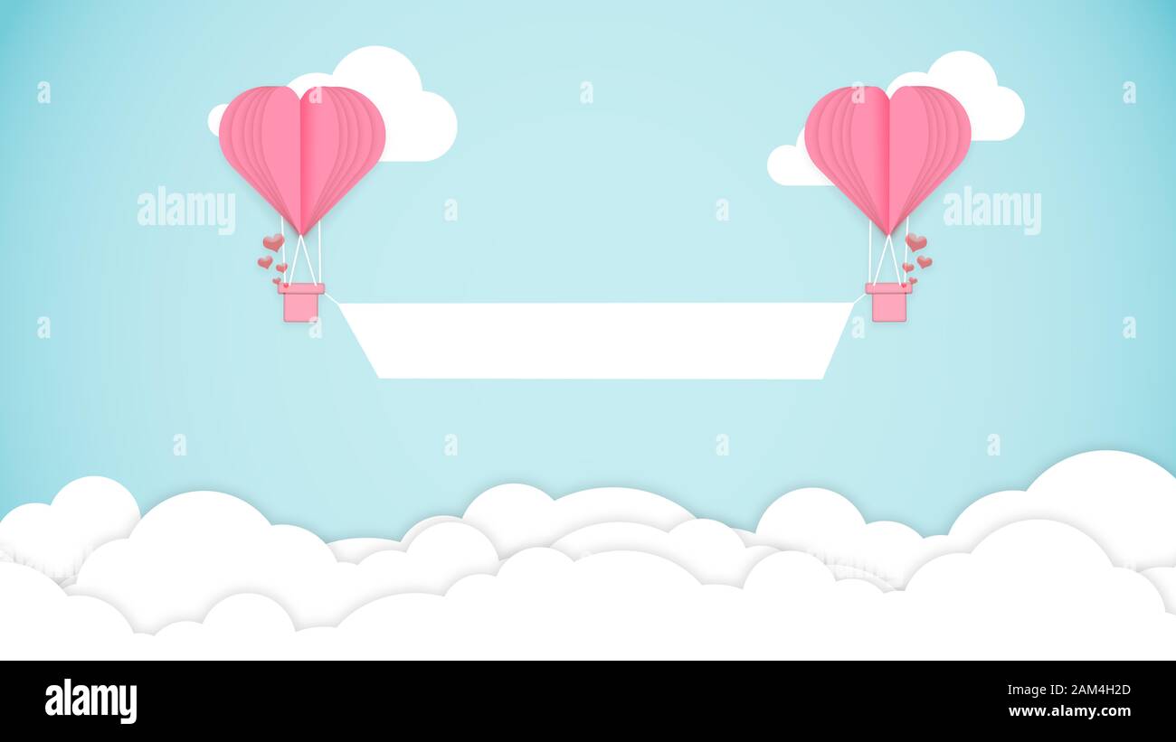 Card for Saint Valentine's Day. Air balloons shaped heart in top of ...