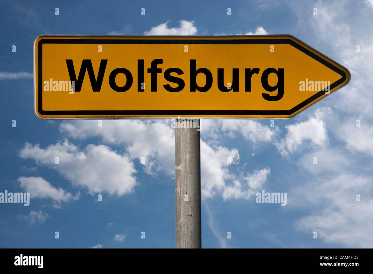 Detail photo of a signpost with the inscription Wolfsburg, Lower Saxony, Germany, Europe Stock Photo