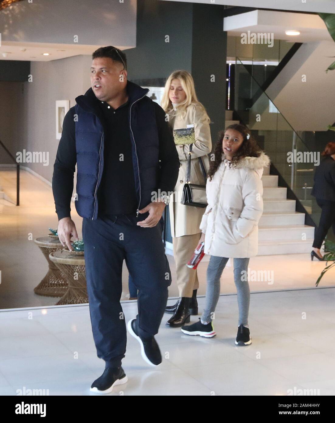 Malaga, Spain. 11th Jan 2020. The Brazilian player Ronaldo Nazario is  visiting the city of Malaga who has come with his girlfriend Celina Locks  and his two daughters to attend the match