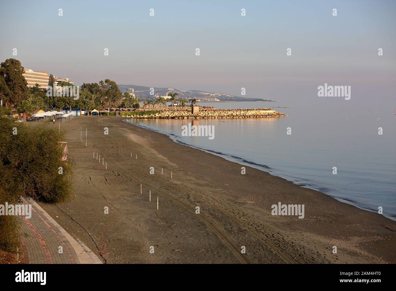 aearial landscape of sandy beach in Limassol, Cyprus, Mediterranean sea, promenade, shore. Stock Photo