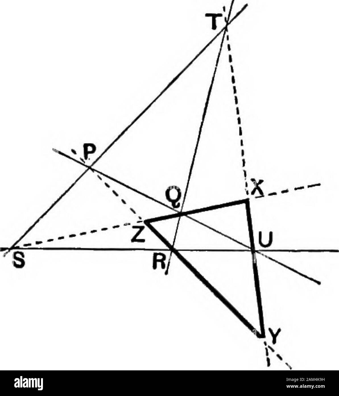 Modern geometry . is harmonic. * This method of proof may be remembered as follows: the range ondiagonal 1 is projected on to diagonal 2, and back again on to diagonal 1;using the two vertices that lie in diagonal 3. 140 COMPLETE QUADRILATERAL The above proof is of interest as bringing out the principleof duality. The following proof, however, may be preferred forordinary purposes.. Stock Photo